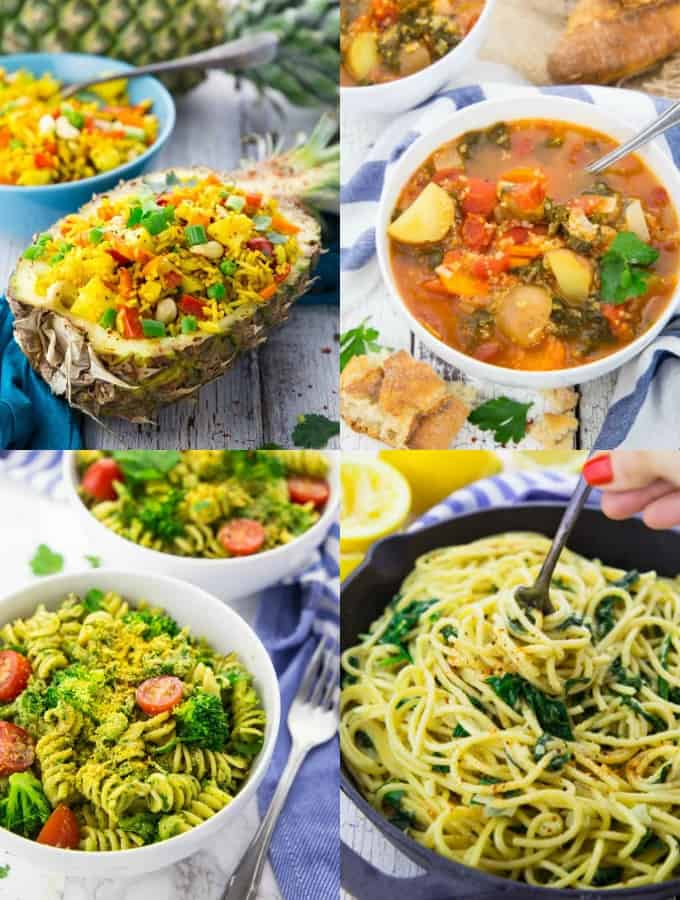 a collage of four vegan dinner recipes