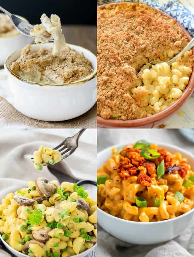a collage of four vegan mac and cheese recipes 