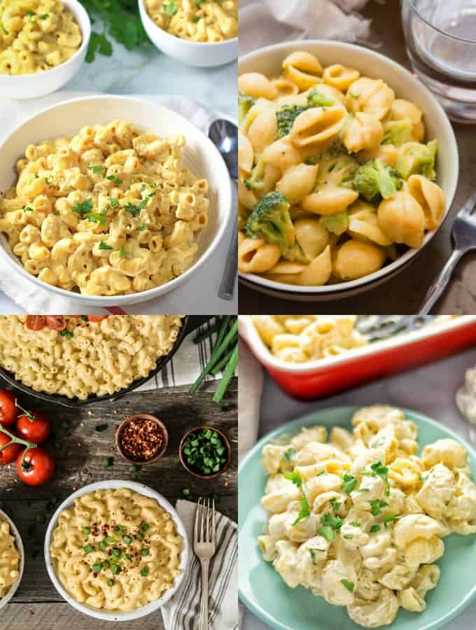 a collage of four vegan mac and cheese recipes
