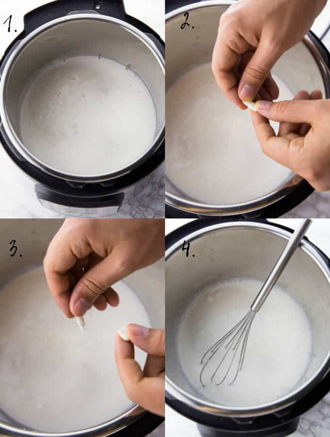 A step-by-step collage that shows you how to make vegan yogurt in the Instant Pot 