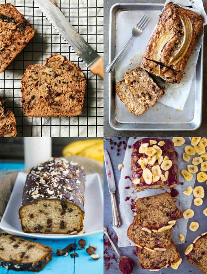 a collage of four vegan banana bread recipes