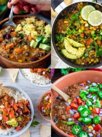 A collage of four vegan chili recipes