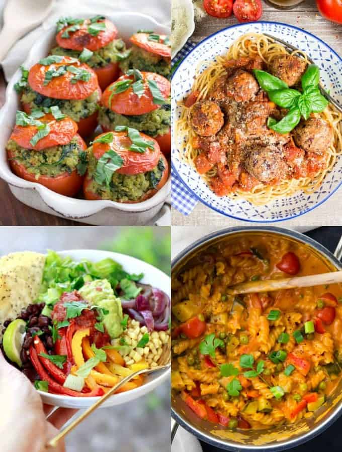 a collage of four vegan dinner recipes