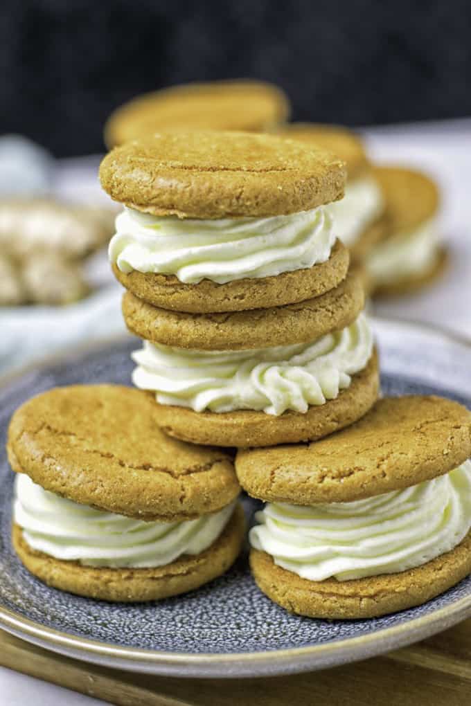 a stack of Whoopie Pie Ginger Cookies on a blue plate 