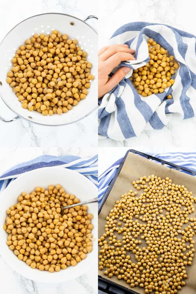four step by step photos that show the preparation of roasted chickpeas