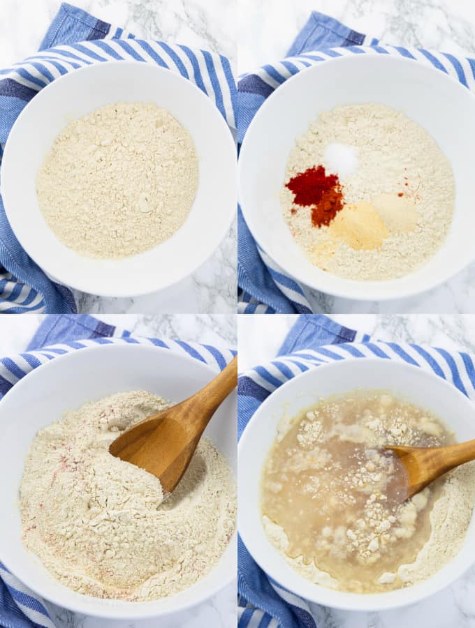 four photos that show the step by step preparation of seitan (vital wheat gluten in a white bowl with spices and water)