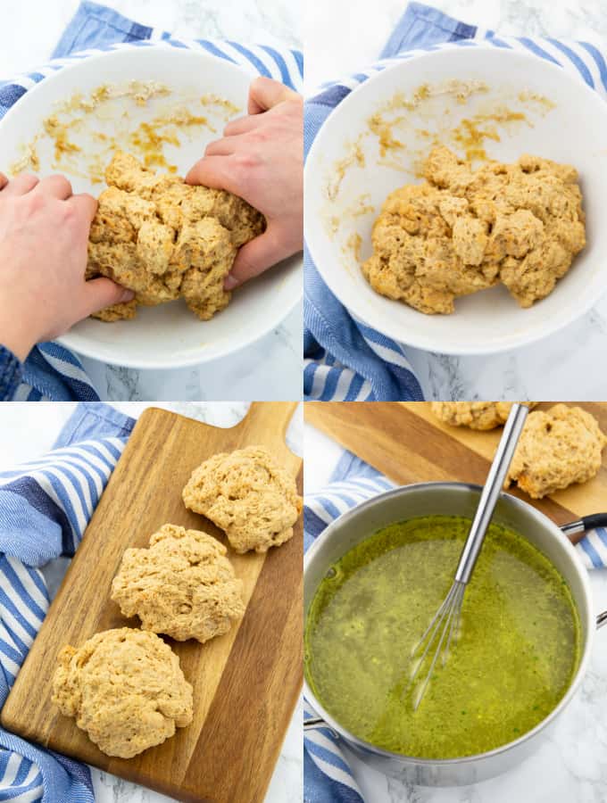 four photos that show the step by step preparation of seitan (seitan is being knead and formed into three balls) 
