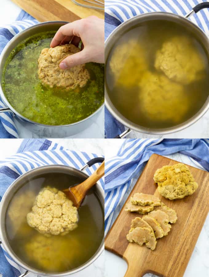 four photos that show the step by step preparation of seitan (seitan is being cooked in vegetable broth and cut into slices on a wooden board)