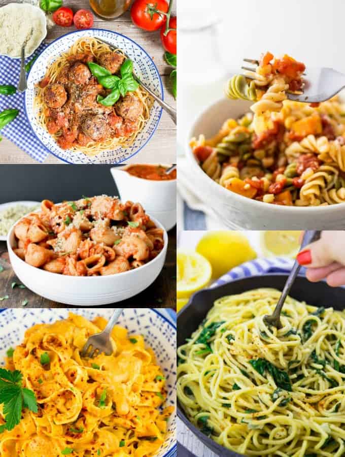 a collage of five vegan pasta recipes