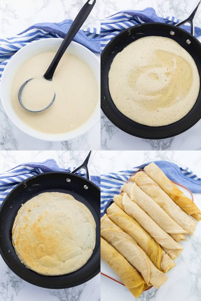 four step by step photos of the preparation of vegan crepes 