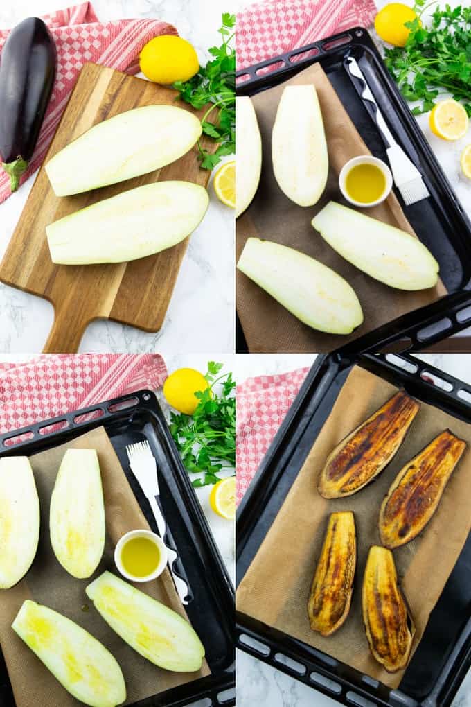 a collage of four step by step photos that show how to make Baba Ganoush 