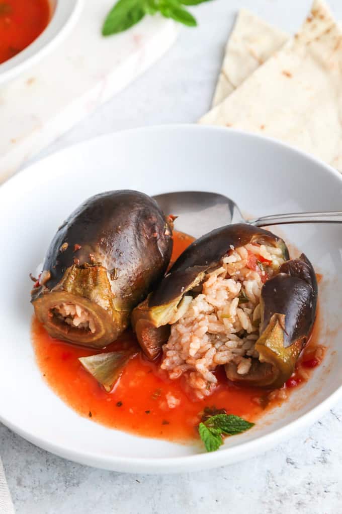 two stuffed eggplants with rice and tomato sauce on a white plate on a concrete counter top 