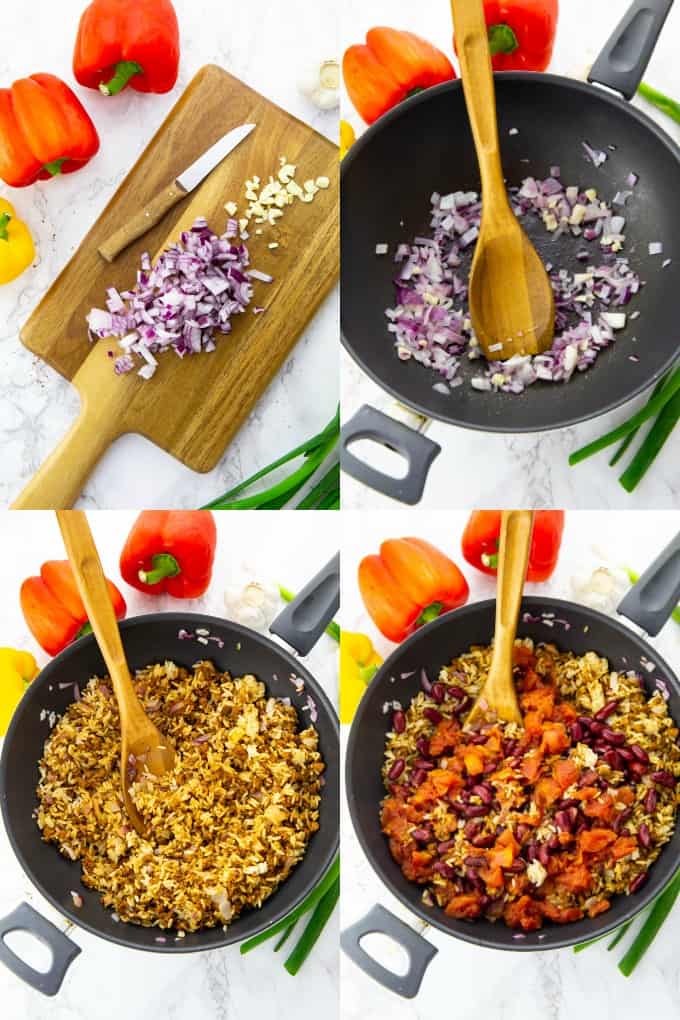 a collage of four step by step photos that show the preparation of vegan stuffed peppers