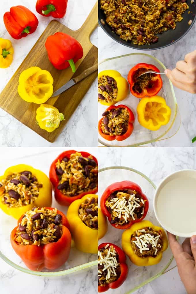 a collage of four step by step photos that show the preparation of vegan stuffed peppers