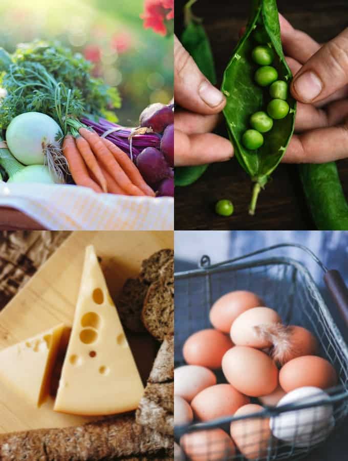 a collage of vegetables, cheese and eggs that mirror the topic of vegan vs vegetarian 