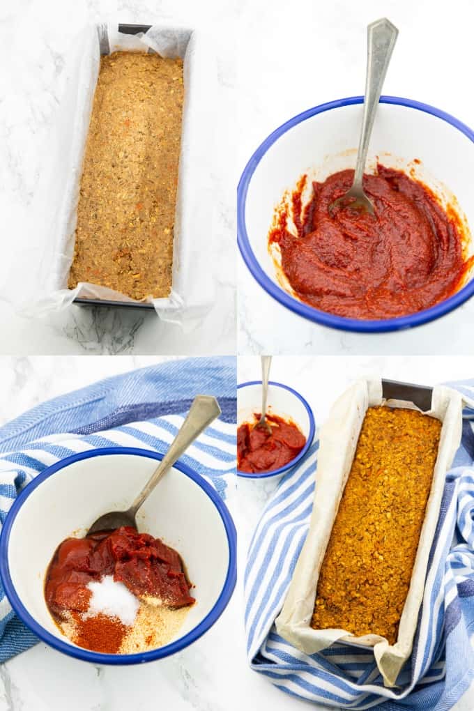 a collage of four step by step photos that show the preparation of a vegan meatloaf 