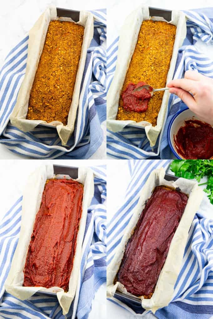 a collage of four step by step photos that show the preparation of a vegan meatloaf 