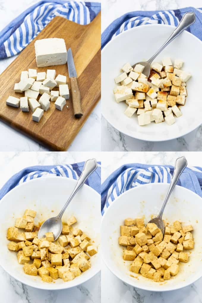 a collage of four step-by-step photos of the preparation of baked tofu cubes for vegan Pad Thai 
