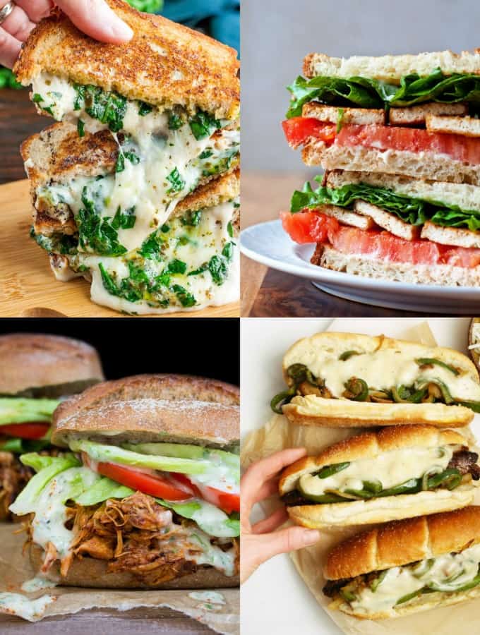 a collage of four vegan sandwiches 