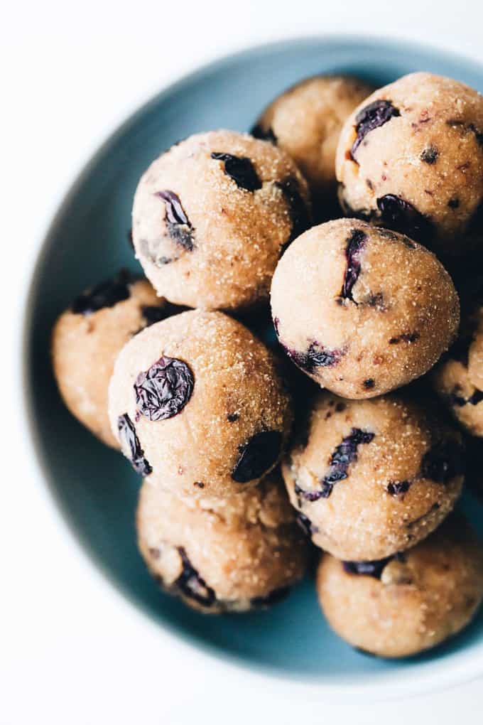 Blueberry Muffin Bites in a blue bowl on a white countertop