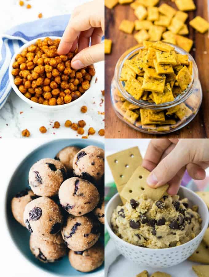 a collage of four vegan snacks 