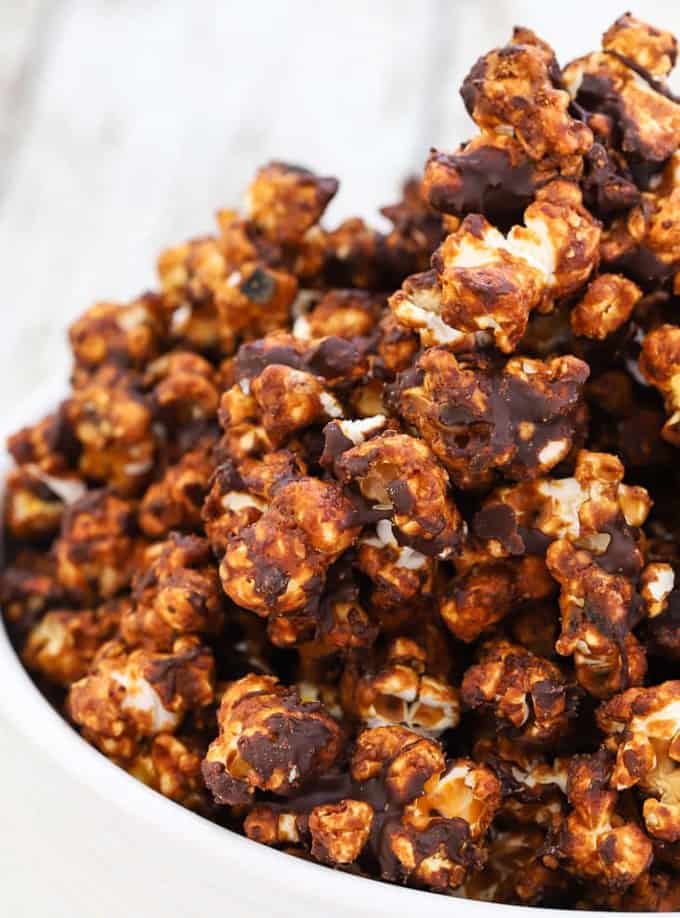 Chocolate Caramel Popcorn in a white bowl