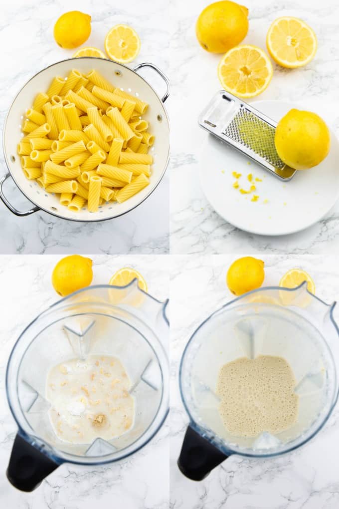 a collage of four step-by-step photos that show the preparation of lemon pasta 