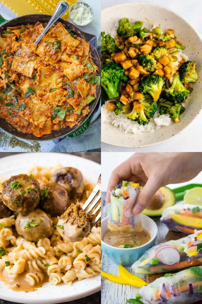 a collage of four vegan meals