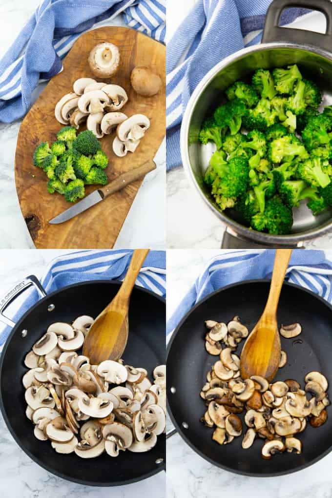 a collage of four photos that shows how to make broccoli pasta