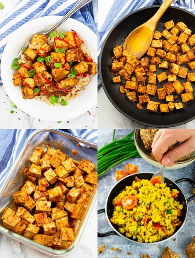 a collage of four photos that show how to cook tofu