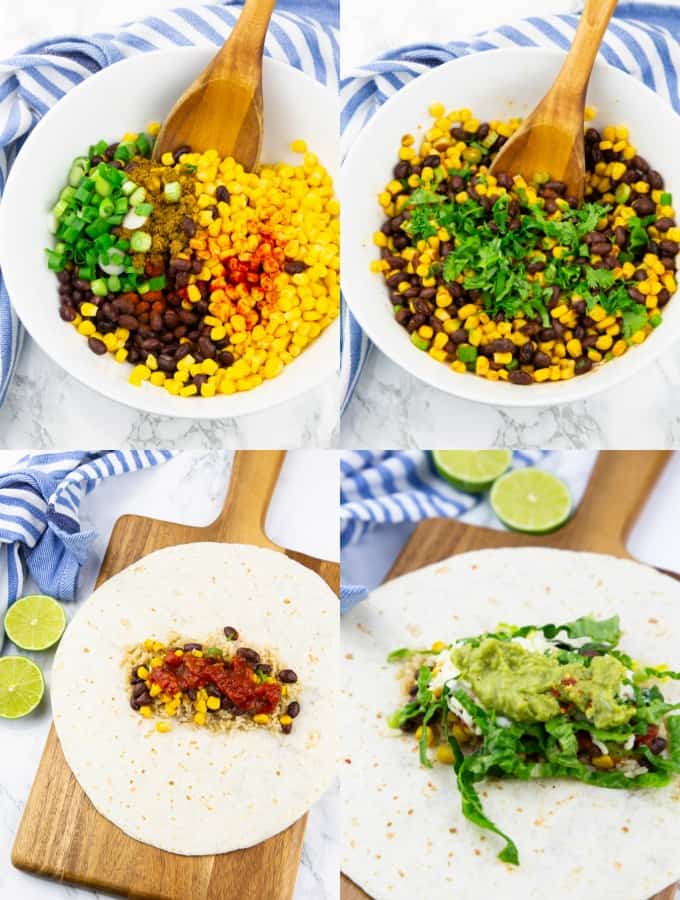 a collage of four photos that show how to make vegan burritos 