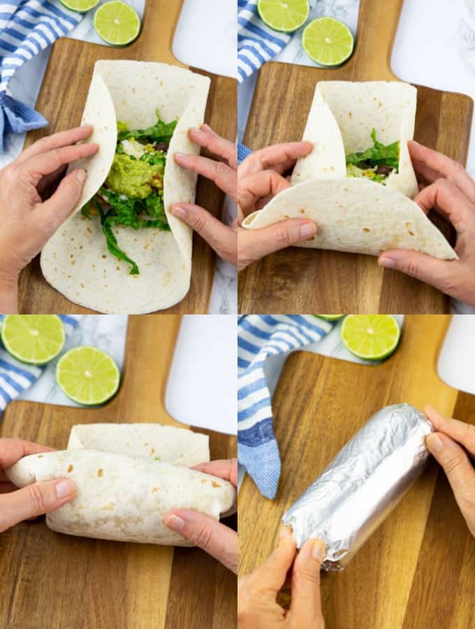 a collage of four photos that show how to make vegan burritos 