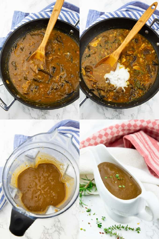 a collage of four photos that show the preparation of vegan gravy