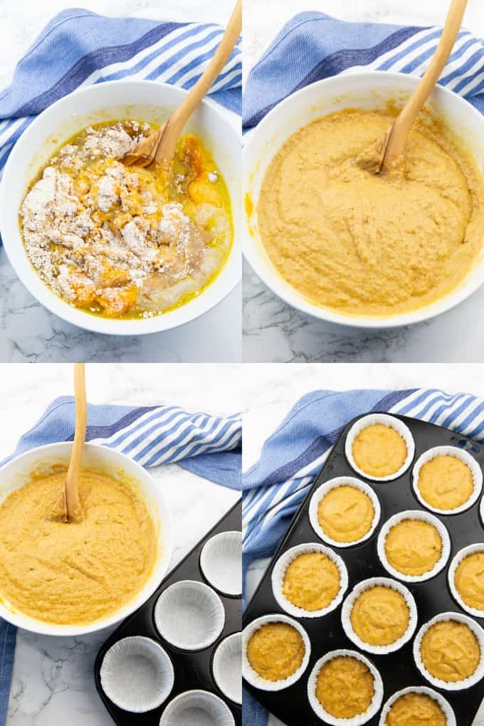 a collage of four photos that show the preparation of vegan pumpkin muffins 
