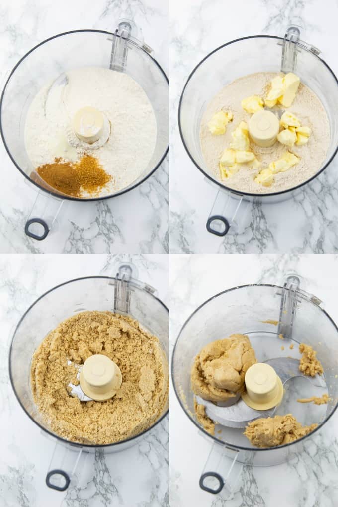a collage of four vegan photos that show the preparation of vegan pumpkin pie crust