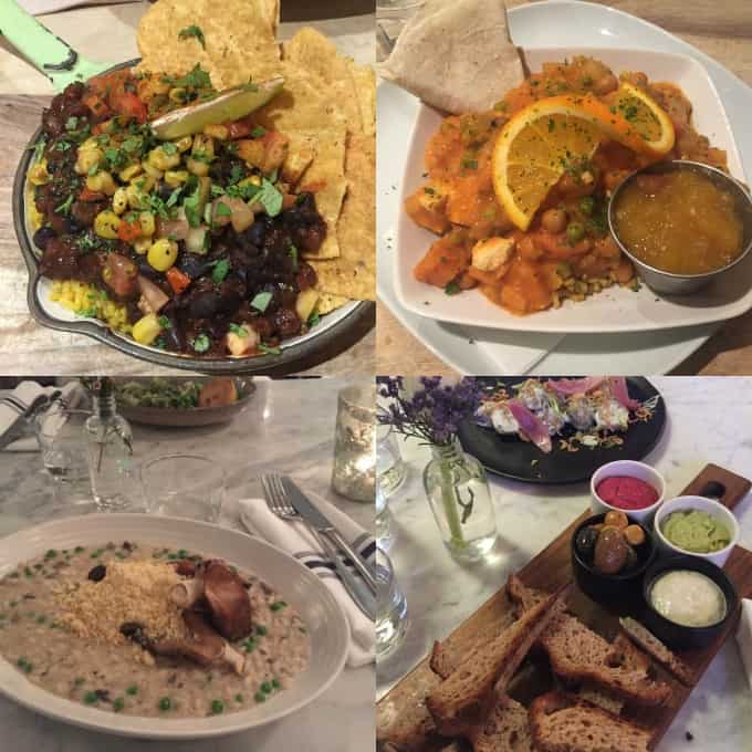 a collage of four photos of food at vegan restaurants in Montreal