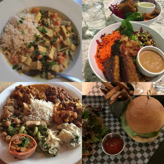 a collage of four photos of food at vegan restaurants in Montreal