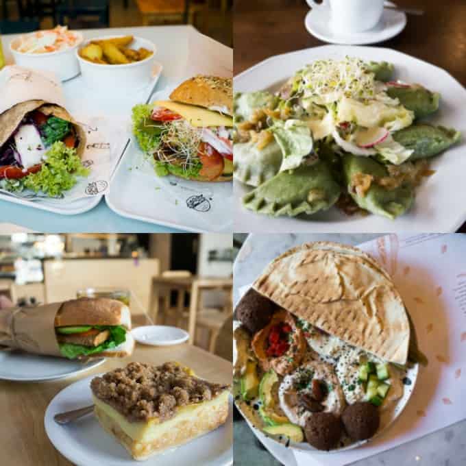 a collage of four photos of food at vegan restaurants in Warsaw