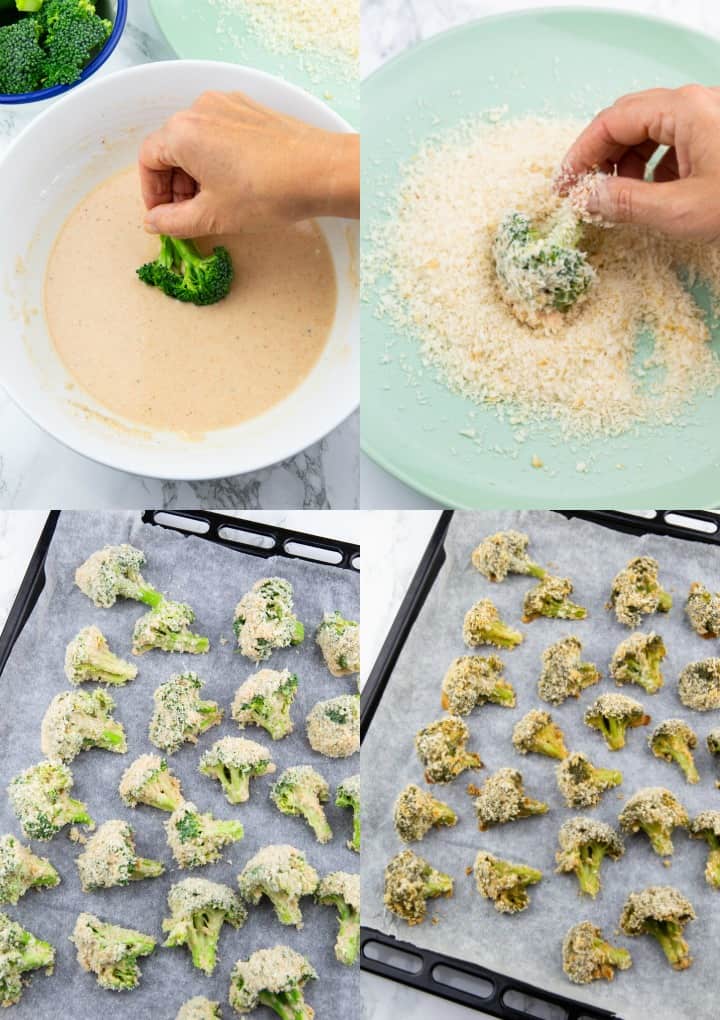 a collage of four photos showing the preparation of broccoli wings 