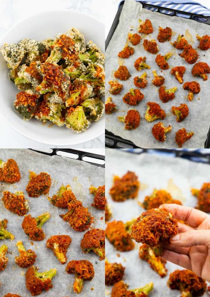 a collage of four photos showing the preparation of broccoli wings 