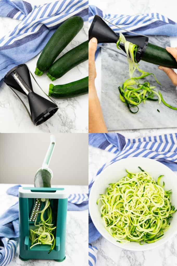 a collage of four photos that show how to make zoodles 