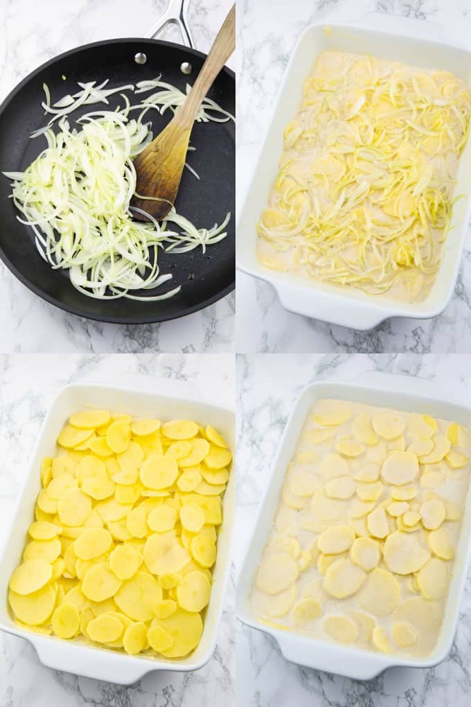 a collage of four photos that show the preparation of vegan scalloped potatoes 
