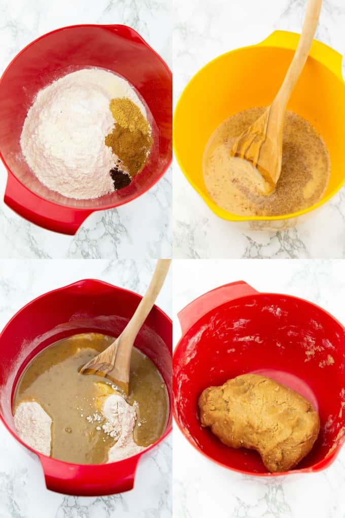 a collage of four photos that show the preparation of vegan gingerbread cookies