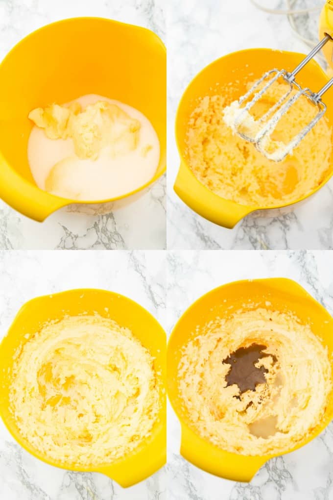 a collage of four photos that show the preparation of vegan sugar cookies 