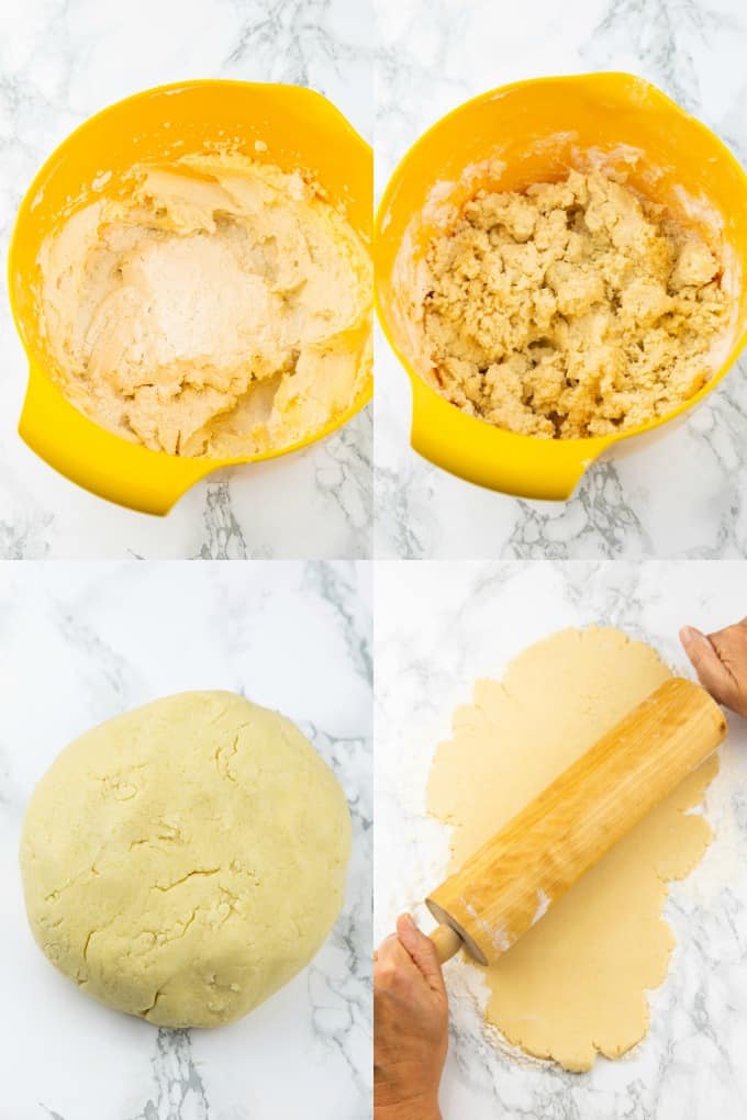 a collage of four photos that show the preparation of vegan sugar cookies