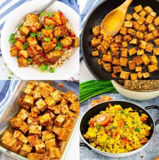 a collage of four photos that show how to cook tofu