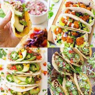 a collage of four photos of vegan tacos