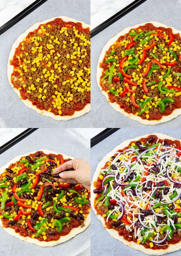 a collage of four photos that show the preparation of a Mexican pizza 