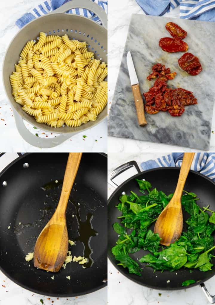 a collage of four photos that show the preparation of hummus pasta