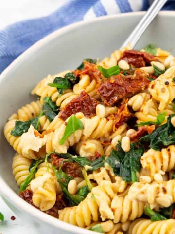 a bowl with rotini pasta with spinach, sun-dried tomatoes, and hummus on a marble countertop